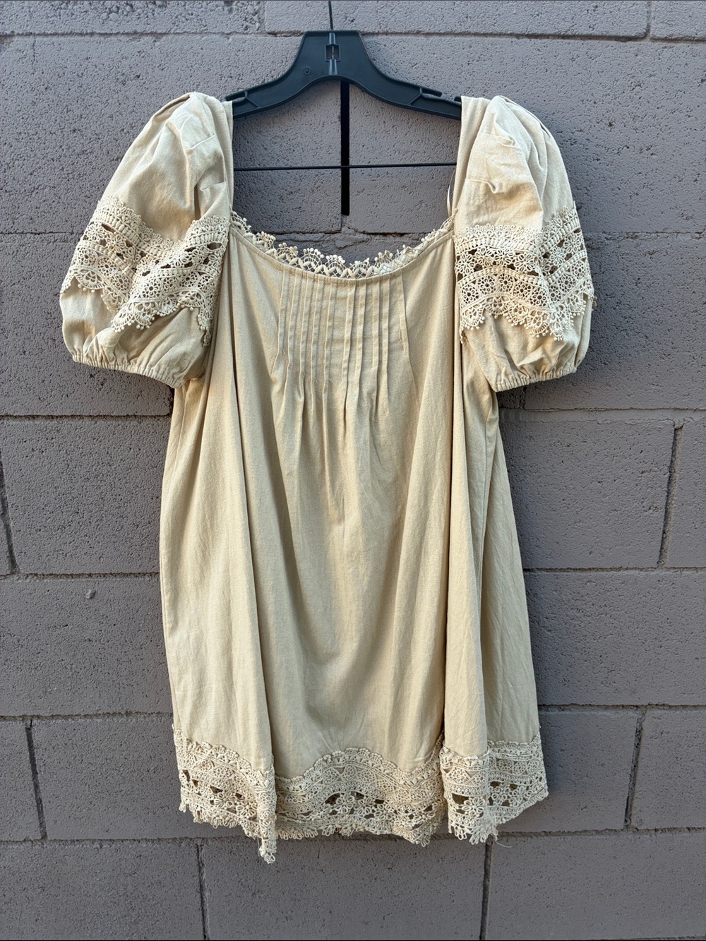 Lace-Trim Puff Sleeve Mini Dress — Cream